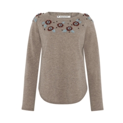 Sandfarvet uldbluse med broderi