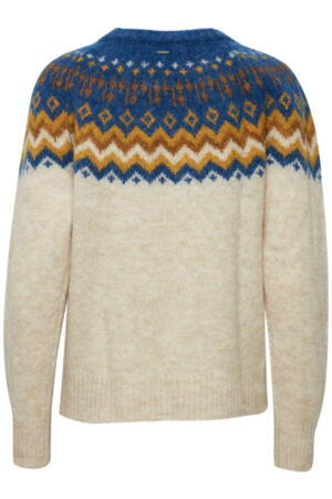 Råhvid Pulz sweater med blåt mønster