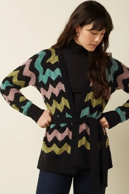 Multifarvet cardigan med bælte