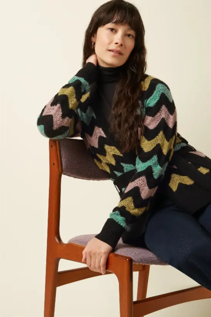 Multifarvet cardigan med bælte