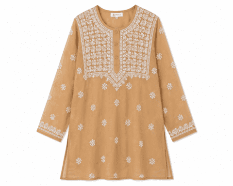 Kort tunika i camel med broderier