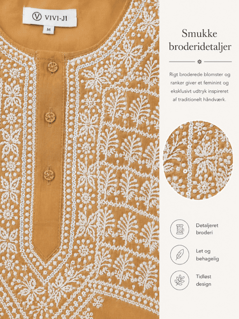 Kort tunika i camel med broderier