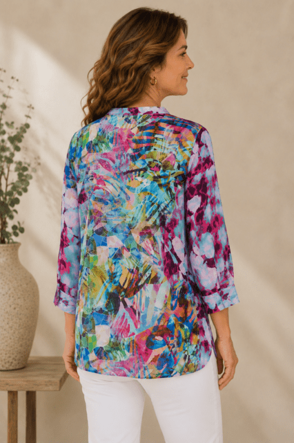 Skjortebluse med farverigt kunstprint