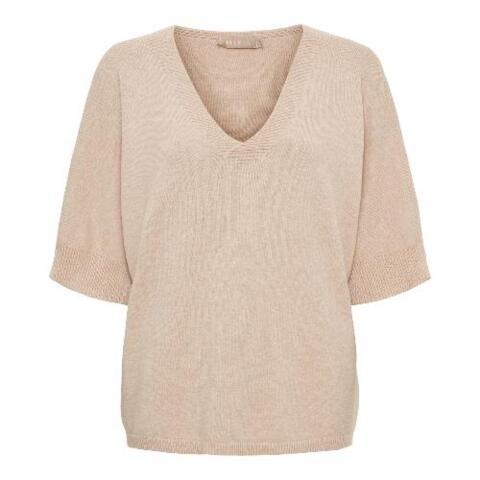 Let strikbluse i lys karamel