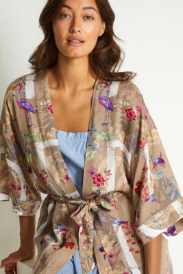 Sandfarvet kimono med print